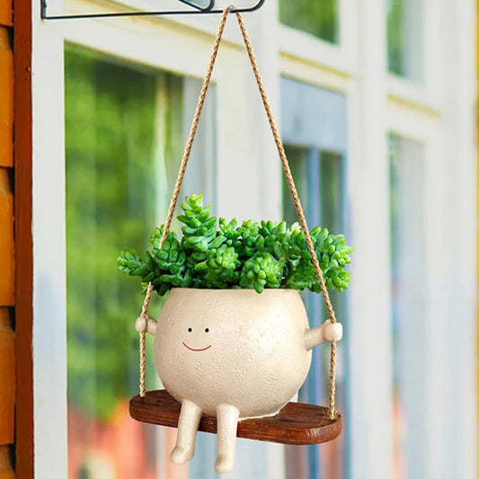 Swinging Smiley Face Hanging Ceramic Planter