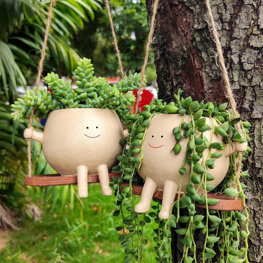 Swinging Smiley Face Hanging Ceramic Planter