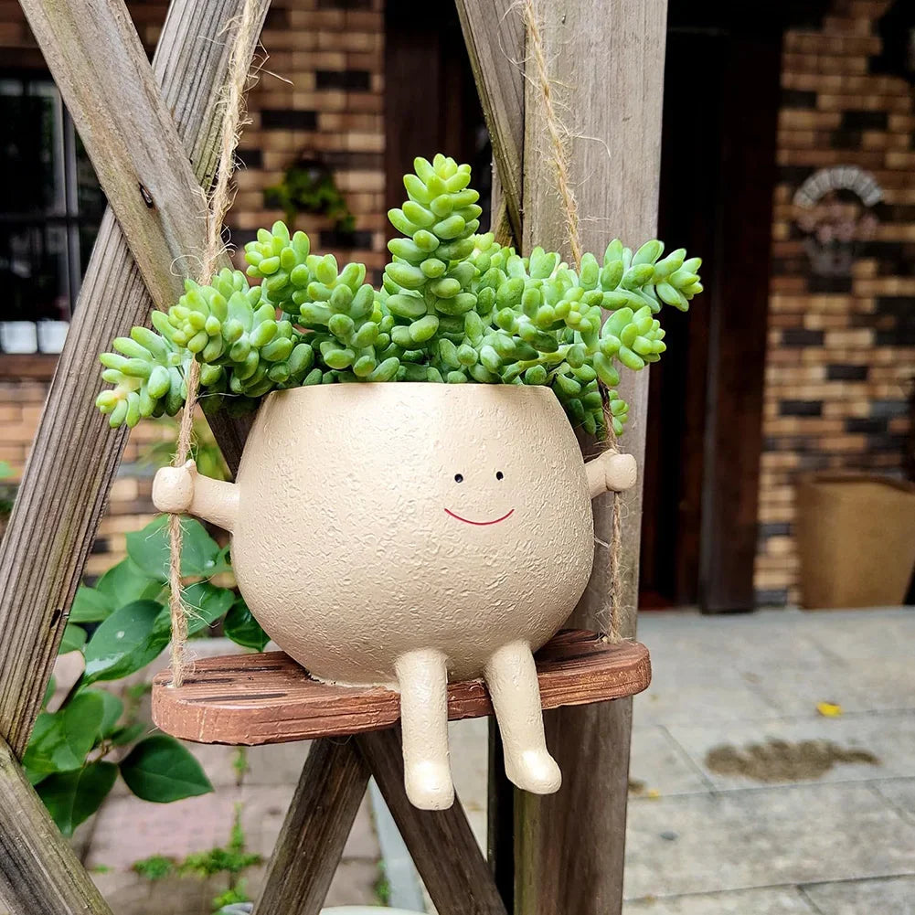 Swinging Smiley Face Hanging Ceramic Planter